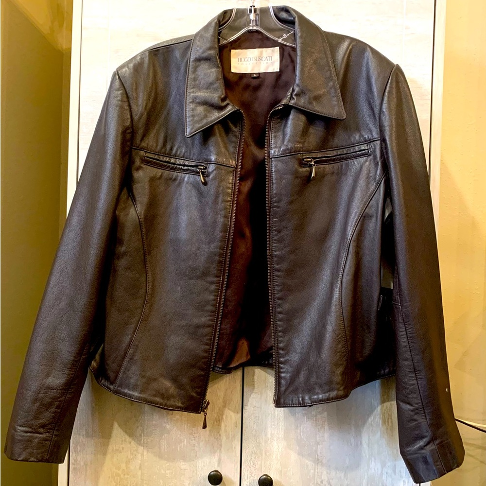 Hugo Buscati Collection Women's Leather Jacket Dark Brown Size Lg